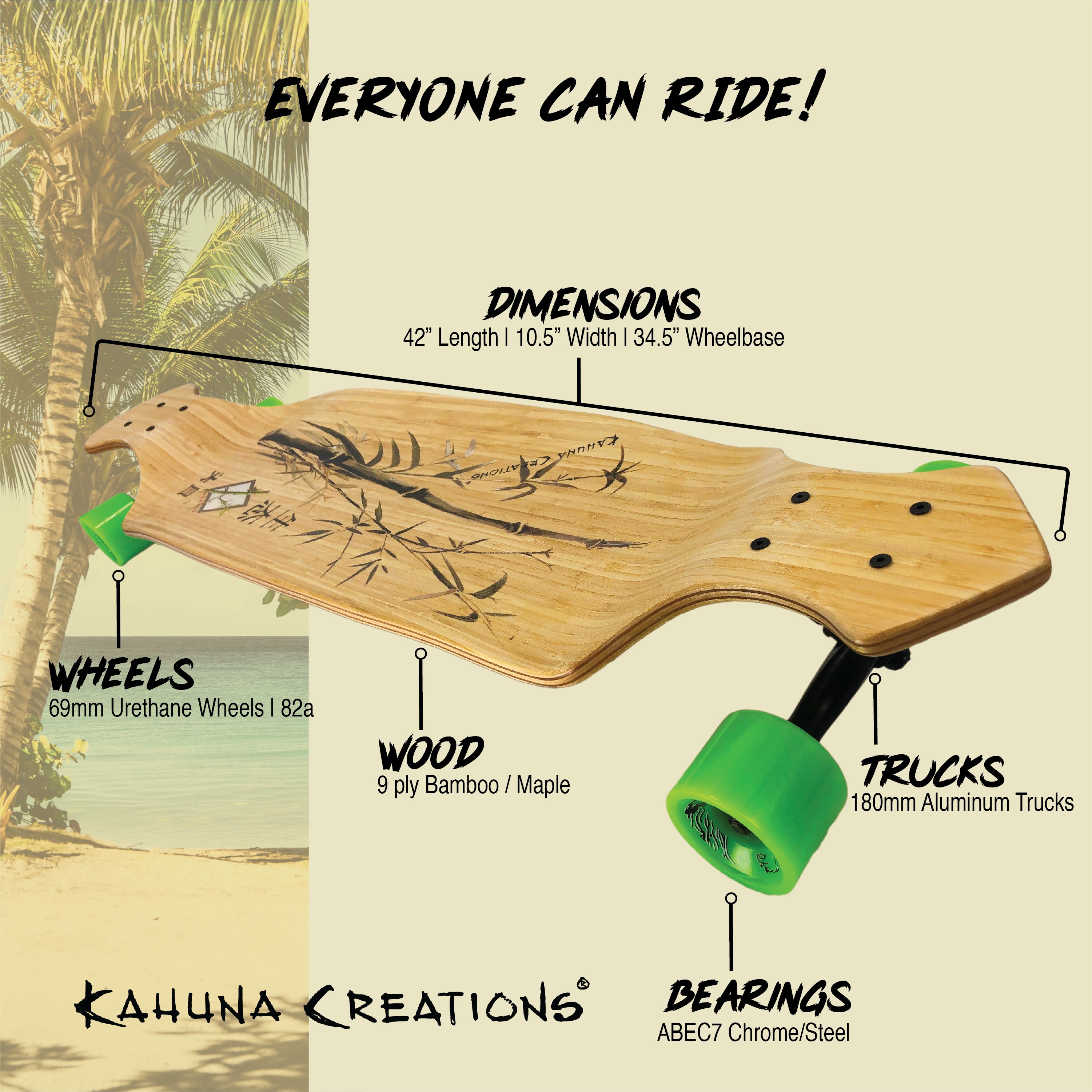 Kahuna Creations Bamboo Drop Deck 42", Bear Trucks Land Paddle Board, Longboards