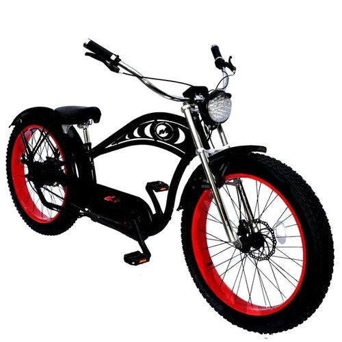 Micargi CYCLONE 2.0 DELUXE Chopper Stretch Cruiser Fat Tire Electric Bike Matte Black/Red Rims Micargi CYCLONE 2.0 DELUXE Chopper Stretch Cruiser Fat Tire Electric Bike Matte Black/Red Rims