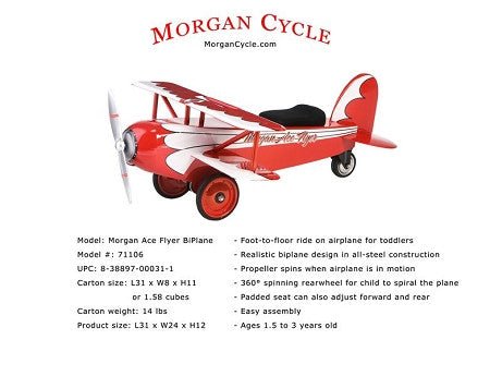 Morgan Cycle Ace Flyer BiPlane Foot to Floor Kids Ride-On Toy 71106 - Upzy.com